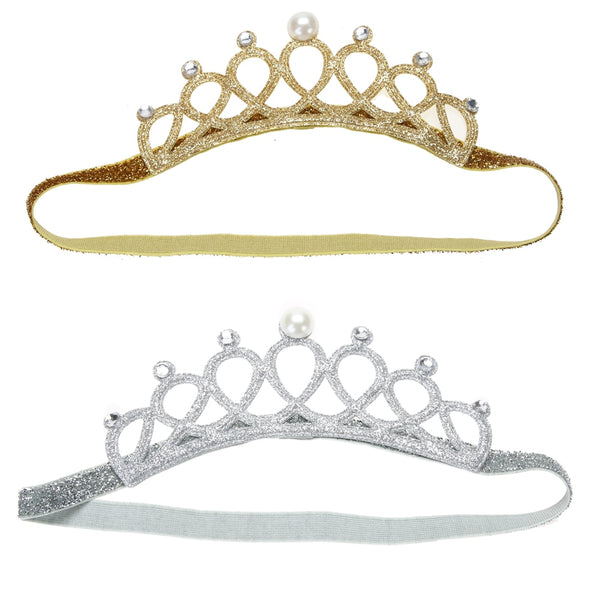 Princess Crown Baby Girl Headband Pearl Crystal Crown Girl Hair Accessory Stretchable Hair Band Gold Silver