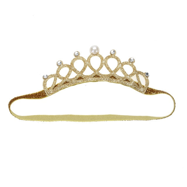 Princess Crown Baby Girl Headband Pearl Crystal Crown Girl Hair Accessory Stretchable Hair Band Gold Silver