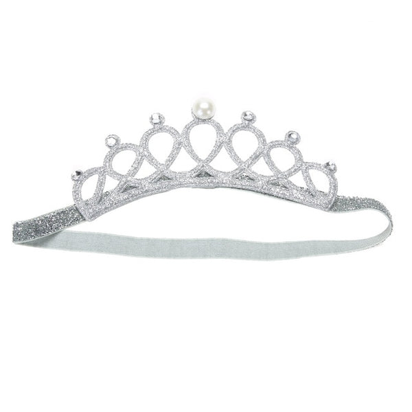 Princess Crown Baby Girl Headband Pearl Crystal Crown Girl Hair Accessory Stretchable Hair Band Gold Silver
