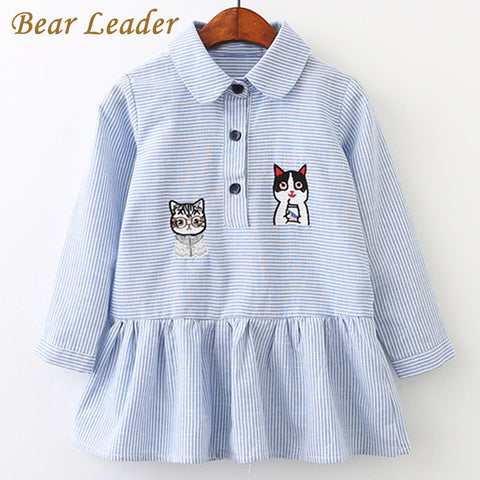 Bear Leader Girls Dress 2017New Autumn Shirts Dresses Long Sleeve Blue Striped Embroidery Trun-down Collar Design For 3-7 Years