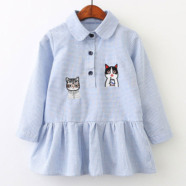 Bear Leader Girls Dress 2017New Autumn Shirts Dresses Long Sleeve Blue Striped Embroidery Trun-down Collar Design For 3-7 Years