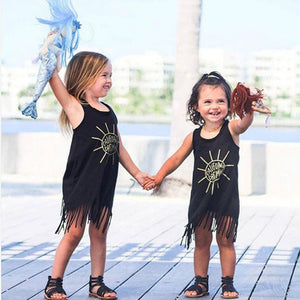 2017 New Hot Sale Toddler Kids Baby Girl Summer Clothes Sleeveless Tassel Mini Dresses Letter Sun Print summer Children clothes