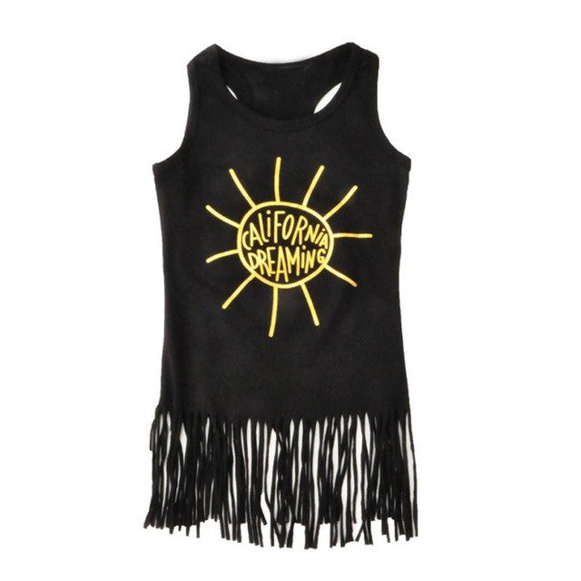 2017 New Hot Sale Toddler Kids Baby Girl Summer Clothes Sleeveless Tassel Mini Dresses Letter Sun Print summer Children clothes