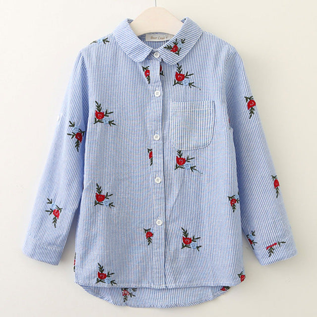 Bear Leader Girls Shirts 2018 New Spring Brand Baby Girls Blouse Red Flowers Embroidery Strip Kids Shirts Children Clothing
