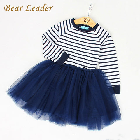 Bear Leader Girls Dress 2018 Spring Girls Dresses Long Sleeve Blanck&White Striped Mesh Design Princess Dress Children Clothing