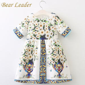 Bear Leader Girls Dress Spring Style 2018 Brand Princess Dresses European and American Style Flowers Printing Children Clothing