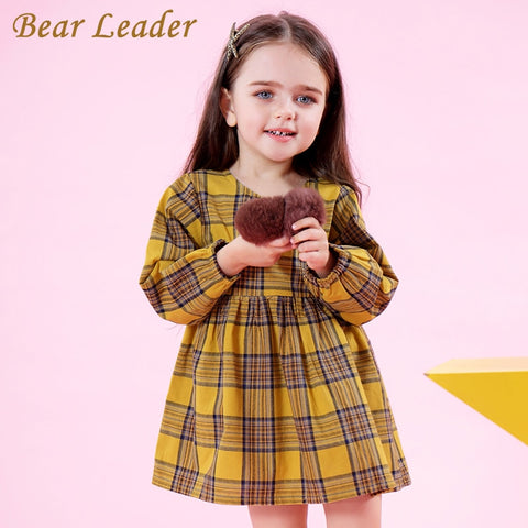 Bear Leader Girls Dress 2018 Spring Brand Girls Clothes Preppy Style Red and Yellow Plaid Bow Baby Girls Dress For 3-8 Years