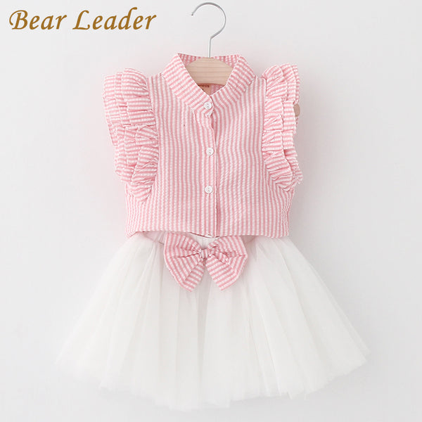 Bear Leader Girls Dress 2018 Cute Princess Dresses Summer Style Pink Stripend Sleeveless Shirt+Mesh Dress 2Pcs for Girls Clothes