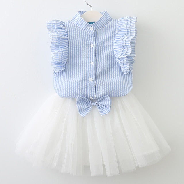 Bear Leader Girls Dress 2018 Cute Princess Dresses Summer Style Pink Stripend Sleeveless Shirt+Mesh Dress 2Pcs for Girls Clothes