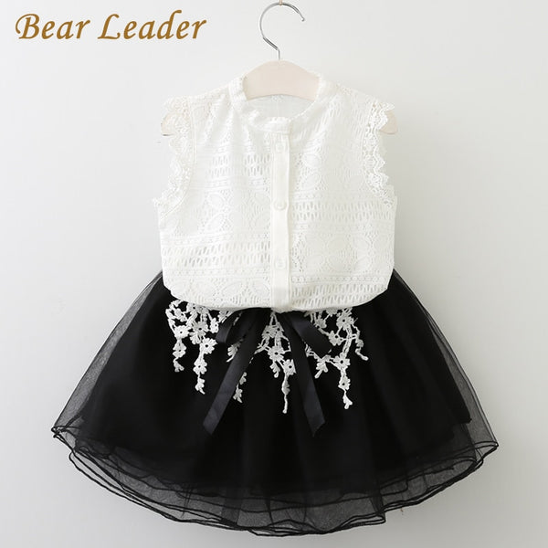 Bear Leader Girls Dress 2018 Casual Summer Style Girls Clothes Sleeveless White Lace T-shirt+Girls Dress 2Pcs for Kids Clothes