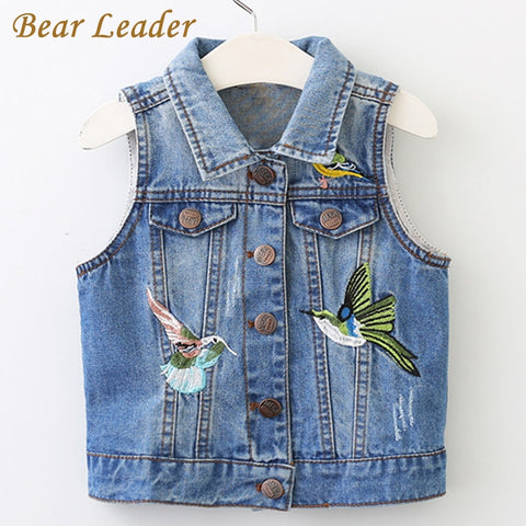 Bear Leader Girls Outerwear 2018 New Spring Cowboy Bird Embroidery Girls Denim Coat for Kids Sleeveless Vests For 3-8 Years