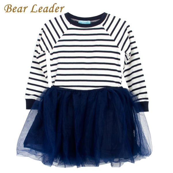 Bear Leader Girls Dress 2018 Casual Style Striped Princess Dress Long-sleeve Blue and White Stripes Mesh Dress Children Clothing