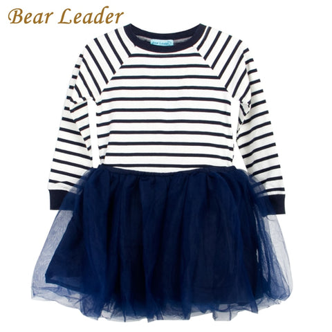 Bear Leader Girls Dress 2018 Casual Style Striped Princess Dress Long-sleeve Blue and White Stripes Mesh Dress Children Clothing