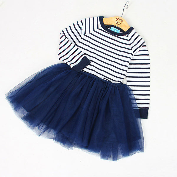 Bear Leader Girls Dress 2018 Casual Style Striped Princess Dress Long-sleeve Blue and White Stripes Mesh Dress Children Clothing
