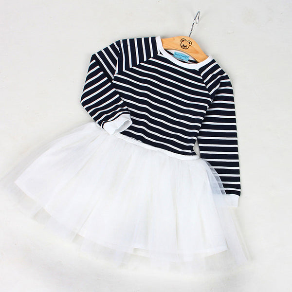 Bear Leader Girls Dress 2018 Casual Style Striped Princess Dress Long-sleeve Blue and White Stripes Mesh Dress Children Clothing