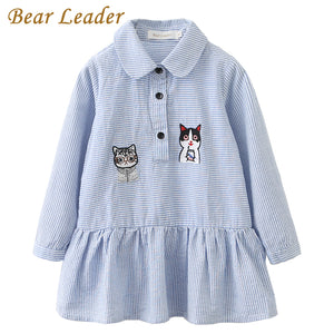 Bear Leader Girls Dress 2018 Fashion Shirts Dresses Long Sleeve Blue Striped Embroidery Trun-down Collar Design for Kids Dresses