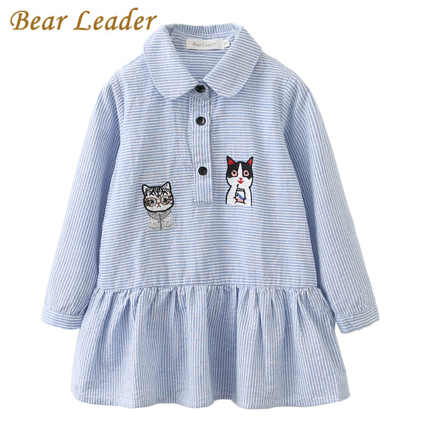 Bear Leader Girls Dress 2018 Fashion Shirts Dresses Long Sleeve Blue Striped Embroidery Trun-down Collar Design for Kids Dresses