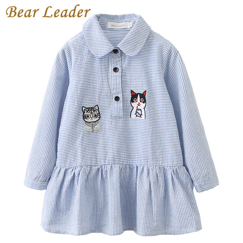 Bear Leader Girls Dress 2018 Fashion Shirts Dresses Long Sleeve Blue Striped Embroidery Trun-down Collar Design for Kids Dresses