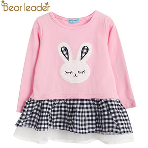 Bear Leader Girls Dress 2018 Spring Casual Style Baby Girl Clothes Long Sleeve Cartoon Bunny Print Plaid Dress for Kids Clothes