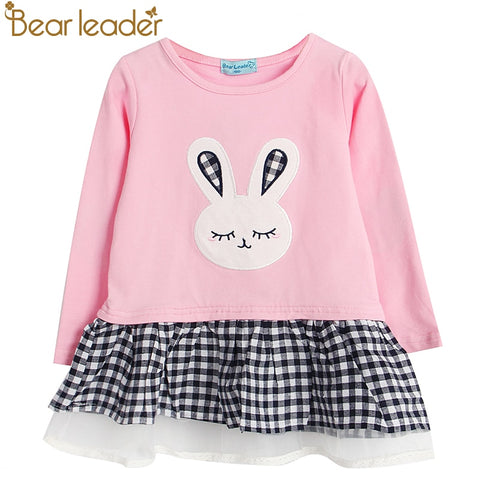 Bear Leader Girls Dress 2018 Spring Casual Style Baby Girl Clothes Long Sleeve Cartoon Bunny Print Plaid Dress for Kids Clothes