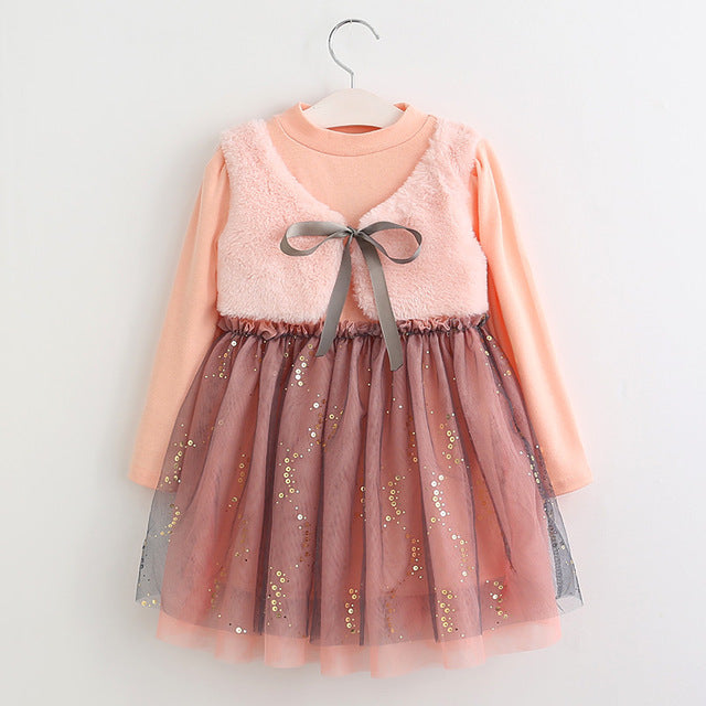 Bear Leader Girls Dress 2018 New Spring Dresses Children Clothing Princess Dress Pink Long Sleeve Wool Bow Design Girls  Clothes
