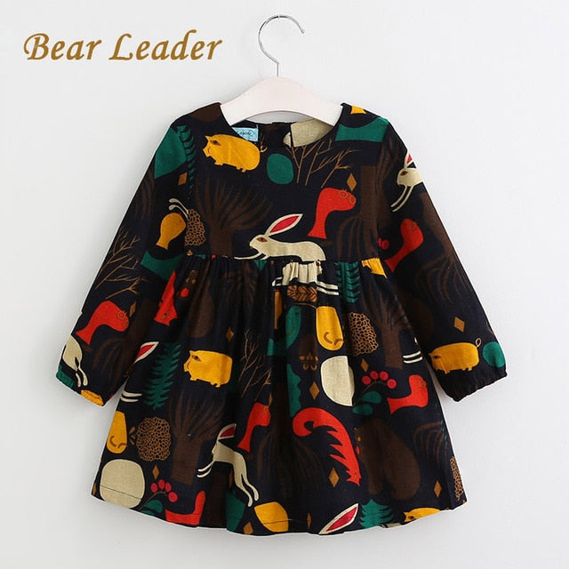 Bear Leader Girls Dress 2018 New Spring England Style Girls Clothes Long Sleeve Cartoon Forest Animals Graffiti for Kids Dresses