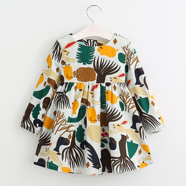 Bear Leader Girls Dress 2018 New Spring England Style Girls Clothes Long Sleeve Cartoon Forest Animals Graffiti for Kids Dresses