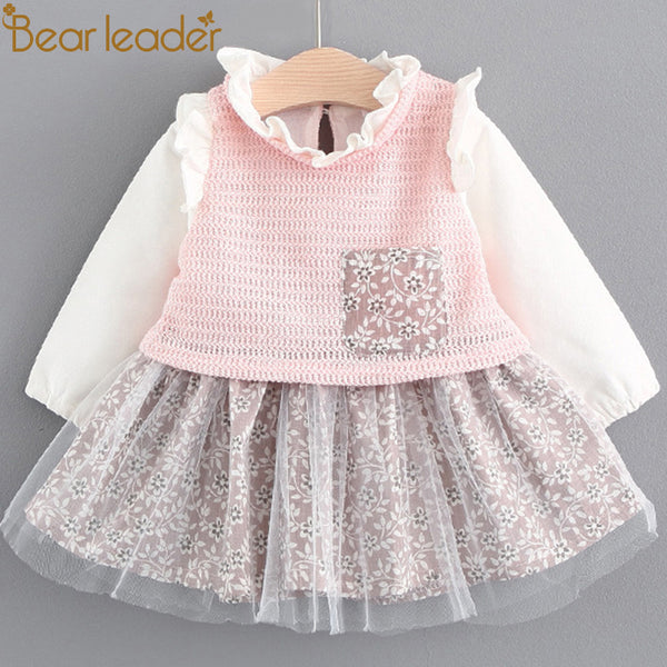Bear Leader Girls Dress 2018 Spring Brand Baby Girls Blouse Lace Crew Neck Kids Shirts Children Clothing Dress For 6-24M