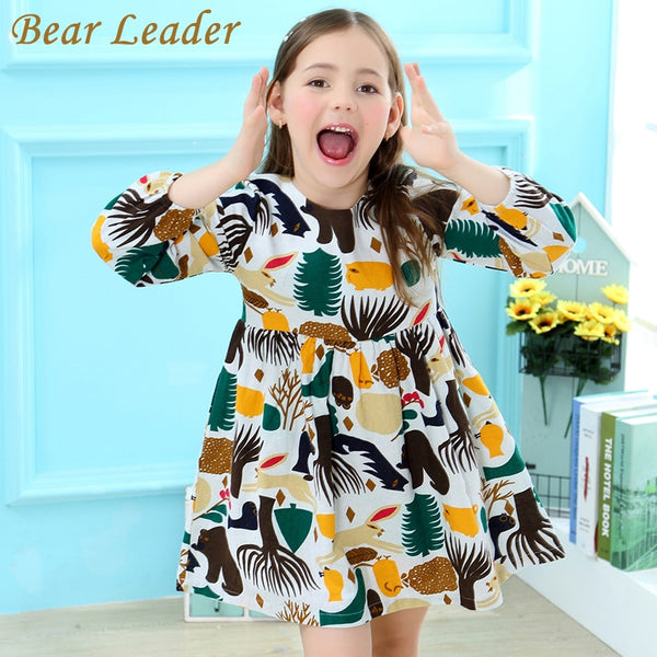 Bear Leader Girls Dress 2018 New Spring England Style Girls Clothes Long Sleeve Cartoon Forest Animals Graffiti for Kids Dresses