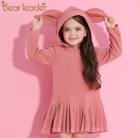 Bear Leader Girls Dress 2018 New Spring Brand Baby Girls Blouse Rabbit Ears Hooded Ruched Long Sleeve Children Dress 2-6 Years
