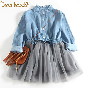 Bear Leader Girls Dresses 2018 New Fashion Princess Clohting Cowboy Stitching Net Yarn Ball Gown Girls Dresses Clothes For 3-7Y