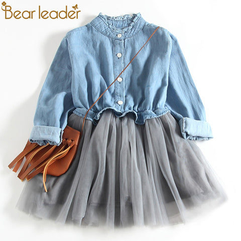 Bear Leader Girls Dresses 2018 New Fashion Princess Clohting Cowboy Stitching Net Yarn Ball Gown Girls Dresses Clothes For 3-7Y
