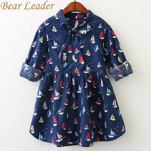 Bear Leader Girls Dress 2018 New Spring Baby Girls Full Sailboat Print Ribbon Bow Kids Children Clothing Dress For 3-7 Years