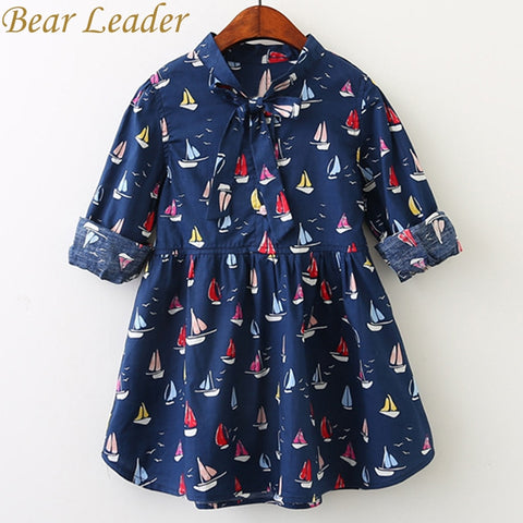 Bear Leader Girls Dress 2018 New Spring Baby Girls Full Sailboat Print Ribbon Bow Kids Children Clothing Dress For 3-7 Years