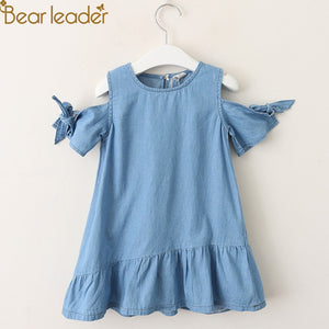 Bear Leader Girls Dresses 2018 Summer Girls' Denim Dress Bare-Shoulder Knots Short-Sleeve Cotton Summer Dresses For 3-7 Years