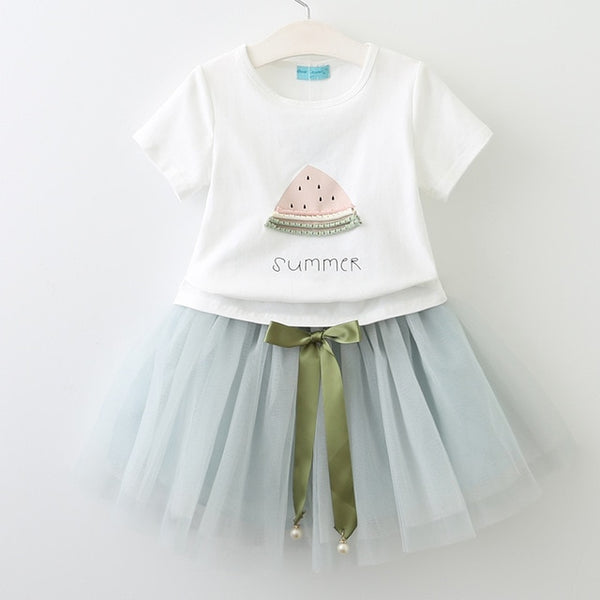 Bear Leader Girls Dress 2018 Casual Summer Style Girls Clothes Sleeveless White Lace T-shirt+Girls Dress 2Pcs for Kids Clothes