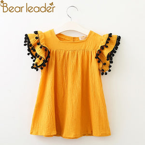 Bear Leader Girls Dresses 2018 New Summer Fashion Princess Flying Sleeve Plush Pompoms Decoration Girls Dresses Clothes For 2-6Y