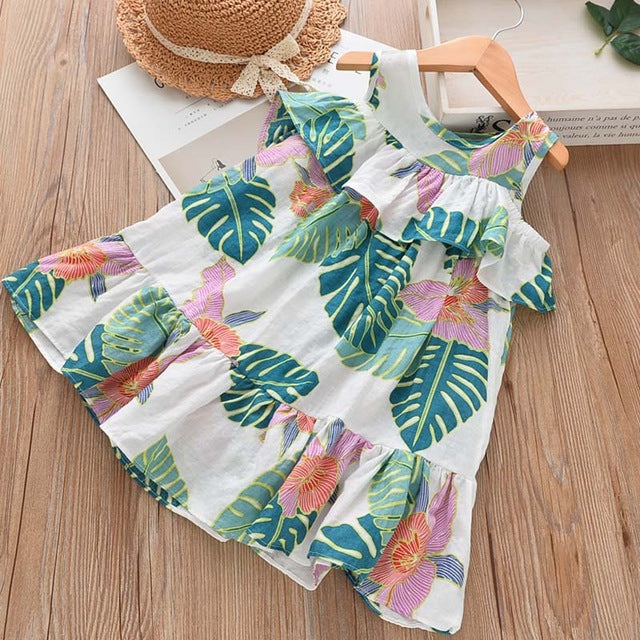 Bear Leader Girls Dresses 2018 Summer New Bohemian Style Girl Dress Cotton Soft Banana Leaf Print Ruffle Off Shoulder Dress