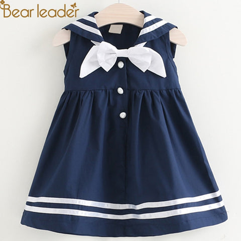 Bear Leader Girls Dress 2018 Summer New Sailor Suit Button Decoration Girl Dress Square Big Back Bow  Dress For 3-7Years Old