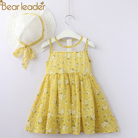 Bear Leader Girls Dresses 2018 New Brand Princess Girl Clothing Flower Design Splicing Gauze Layered Dress+Hat 2Pcs For 2-6Years