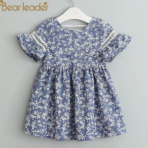 Bear Leader Girls Dresses 2018  New Summer Girl Backless Cotton Blue-and-white Printed Flying Sleeve Dress for 3-8 Years