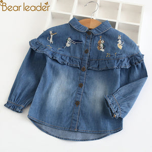 Bear Leader Girls Denim Shirts 2018 New Autumn Children Cartoon Embroidered Shirt Lace Design for Baby Girl Clothes Kids Clothes