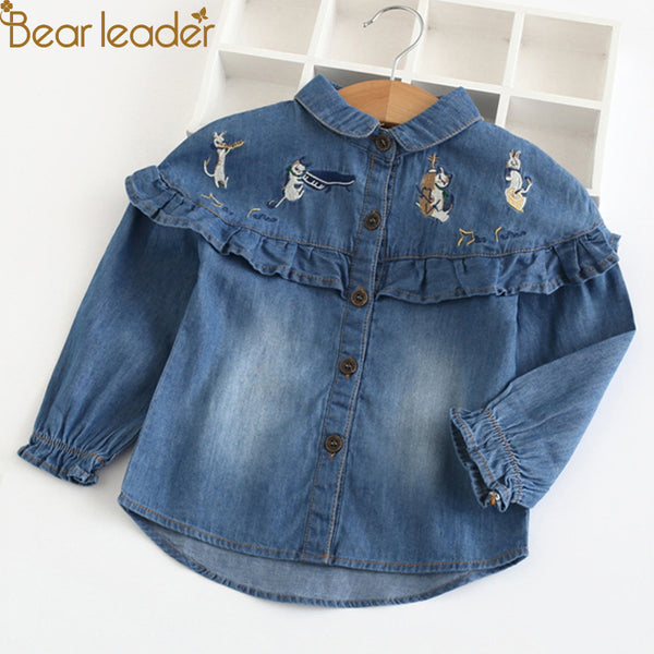 Bear Leader Girls Denim Shirts 2018 New Autumn Children Cartoon Embroidered Shirt Lace Design for Baby Girl Clothes Kids Clothes