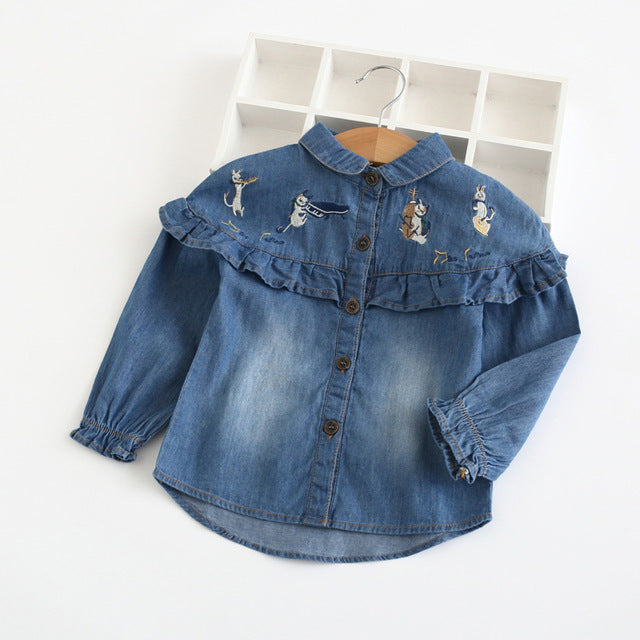 Bear Leader Girls Denim Shirts 2018 New Autumn Children Cartoon Embroidered Shirt Lace Design for Baby Girl Clothes Kids Clothes