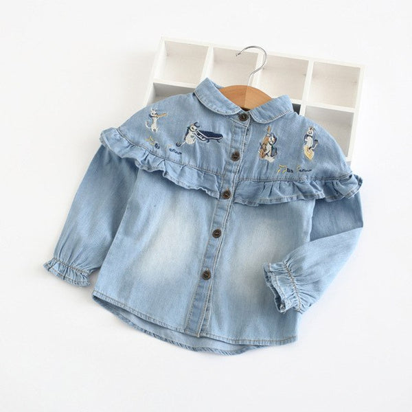 Bear Leader Girls Denim Shirts 2018 New Autumn Children Cartoon Embroidered Shirt Lace Design for Baby Girl Clothes Kids Clothes