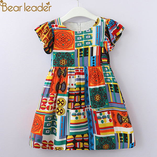Bear Leader Girls Dresses 2018 Summer Girls Short-Sleeve Printing Geometric Pattern Dresses Design Baby Girls