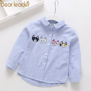 Bear Leader Gilrs Clothes 2018 New Autumn Kids Shirt Four cartoon kittens embroidery Pinstriped for Children's Shirt 2-7years