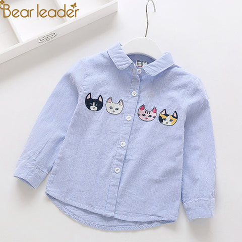 Bear Leader Gilrs Clothes 2018 New Autumn Kids Shirt Four cartoon kittens embroidery Pinstriped for Children's Shirt 2-7years
