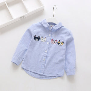 Bear Leader Gilrs Clothes 2018 New Autumn Kids Shirt Four cartoon kittens embroidery Pinstriped for Children's Shirt 2-7years