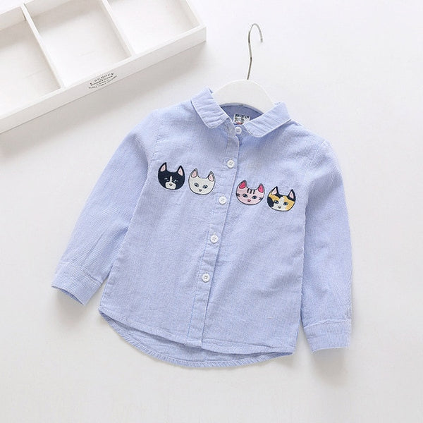 Bear Leader Gilrs Clothes 2018 New Autumn Kids Shirt Four cartoon kittens embroidery Pinstriped for Children's Shirt 2-7years